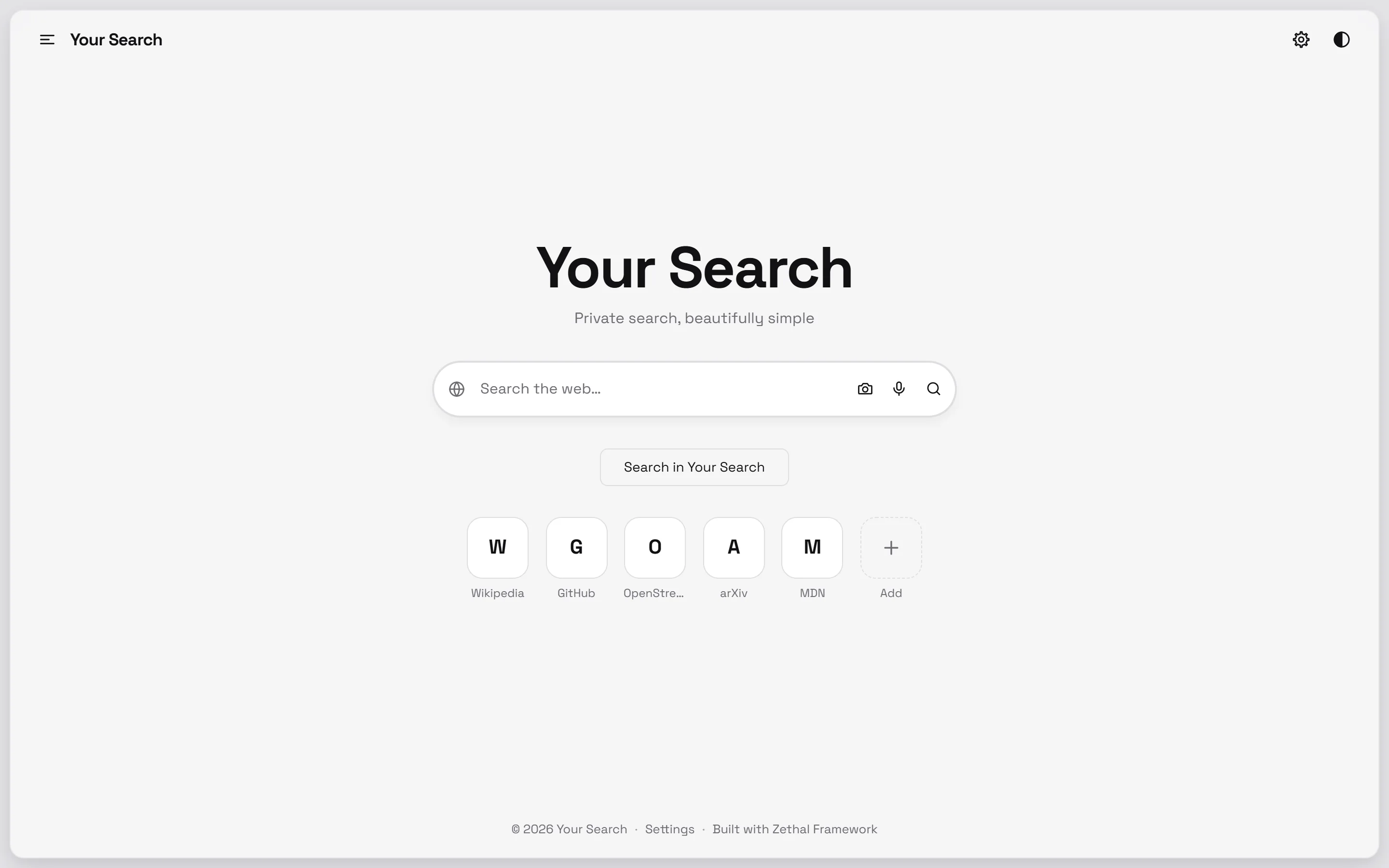 The Zethal Framework home page with a large wordmark, a rounded search bar and shortcut tiles